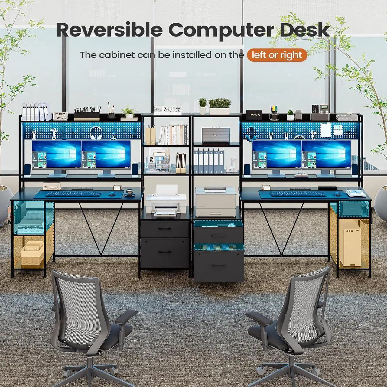 Alt view image 5 of 7 - Gaming Desk with Hutch, 65in Reversible Computer Desk with Power Outlets LED Light, Home Office Desk with Monitor Stand 2 Drawers 4 Storage Shelves Pegboard 8 Hooks Mouse Pad (Black)