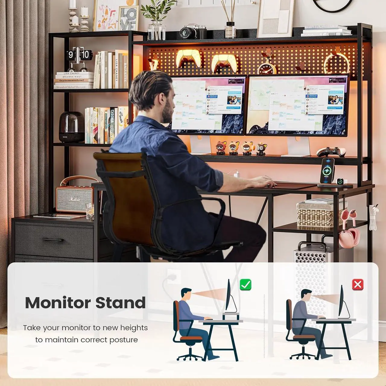 Alt view image 6 of 7 - Gaming Desk with Hutch, 65in Reversible Computer Desk with Power Outlets LED Light, Home Office Desk with Monitor Stand 2 Drawers 4 Storage Shelves Pegboard 8 Hooks Mouse Pad (Black)