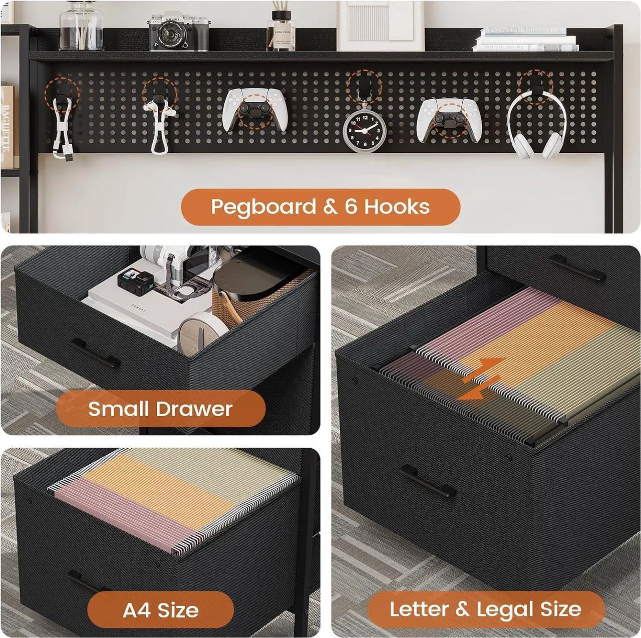 Alt view image 7 of 7 - Gaming Desk with Hutch, 65in Reversible Computer Desk with Power Outlets LED Light, Home Office Desk with Monitor Stand 2 Drawers 4 Storage Shelves Pegboard 8 Hooks Mouse Pad (Black)