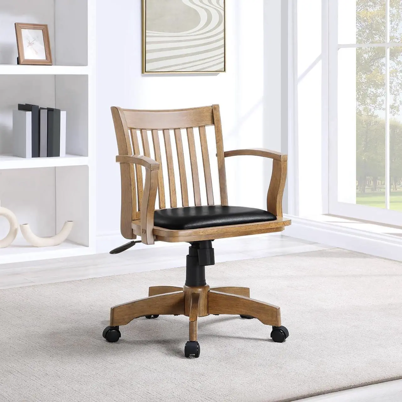 Alt view image 2 of 7 - OSP Home Furnishings Deluxe Wood Banker's Desk Chair with Padded Seat, Adjustable Height and Locking Tilt, Fruitwood Finish and Black Vinyl