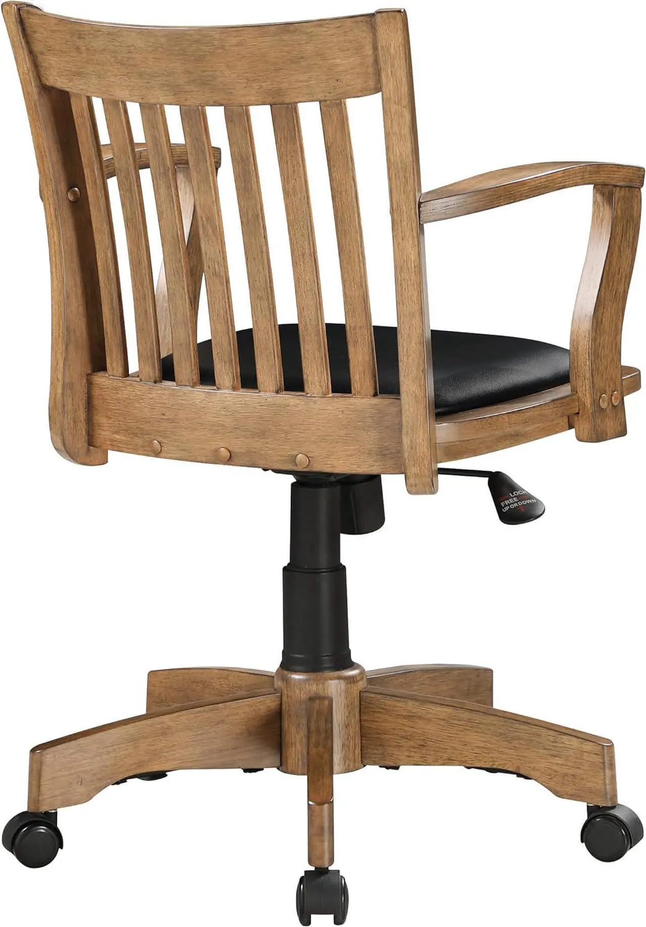Alt view image 6 of 7 - OSP Home Furnishings Deluxe Wood Banker's Desk Chair with Padded Seat, Adjustable Height and Locking Tilt, Fruitwood Finish and Black Vinyl