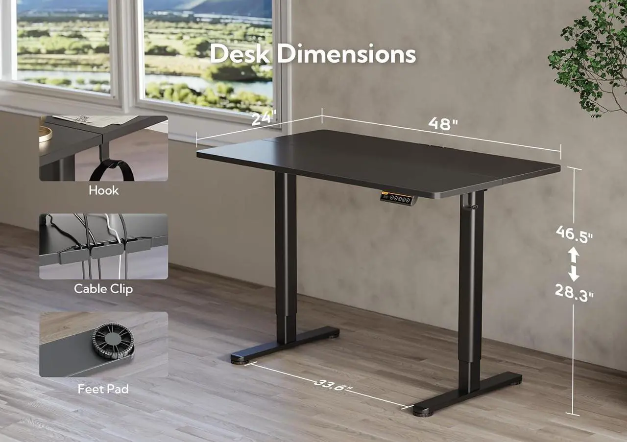 Alt view image 3 of 7 - Electric Standing Desk, Adjustable Height Stand up Desk, 48x24 Inches Sit Stand Home Office Desk with Splice Board, Black Frame/Black Top