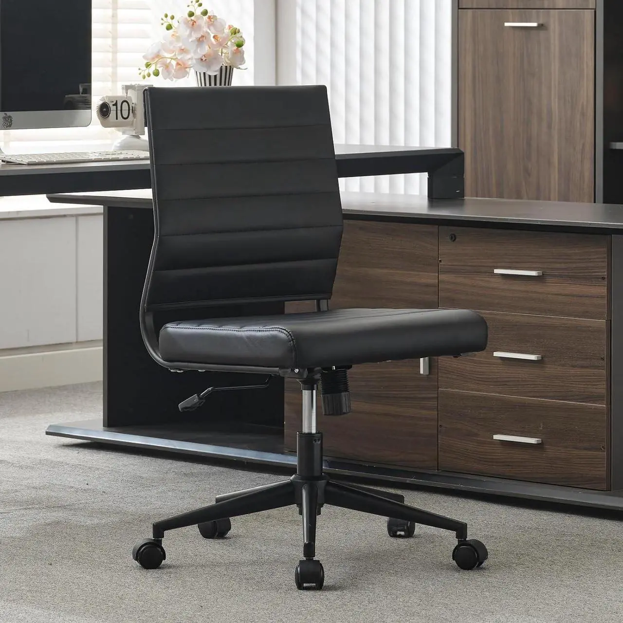Alt view image 2 of 7 - Okeysen Office Desk Chair No Arms, Mid Back Ergonomic Swivel Black Armless Conference Room Chair, Adjustable Height PU Leather Home Desk Chair, Modern Small Rolling Computer Task Chair