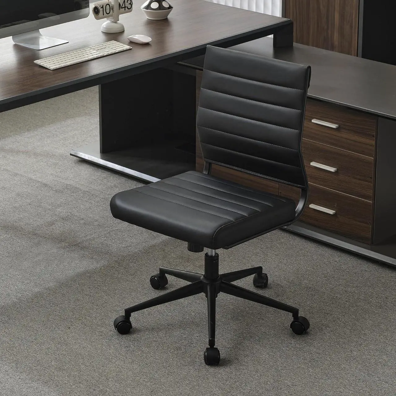 Alt view image 4 of 7 - Okeysen Office Desk Chair No Arms, Mid Back Ergonomic Swivel Black Armless Conference Room Chair, Adjustable Height PU Leather Home Desk Chair, Modern Small Rolling Computer Task Chair