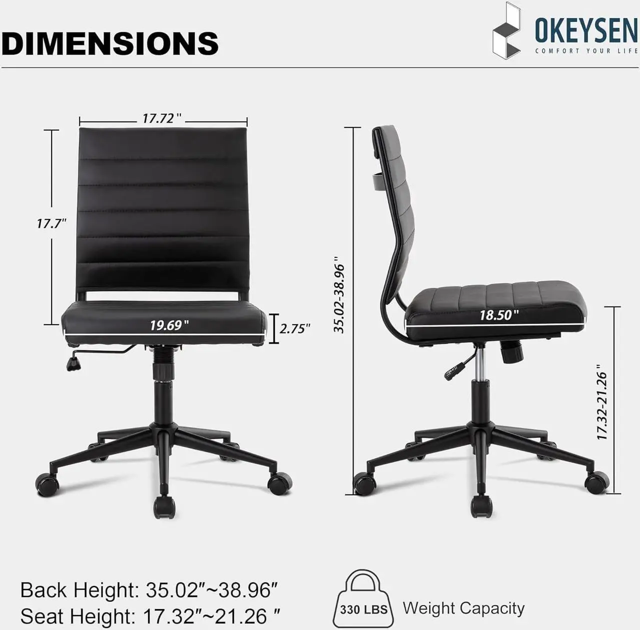 Alt view image 3 of 7 - Okeysen Office Desk Chair No Arms, Mid Back Ergonomic Swivel Black Armless Conference Room Chair, Adjustable Height PU Leather Home Desk Chair, Modern Small Rolling Computer Task Chair