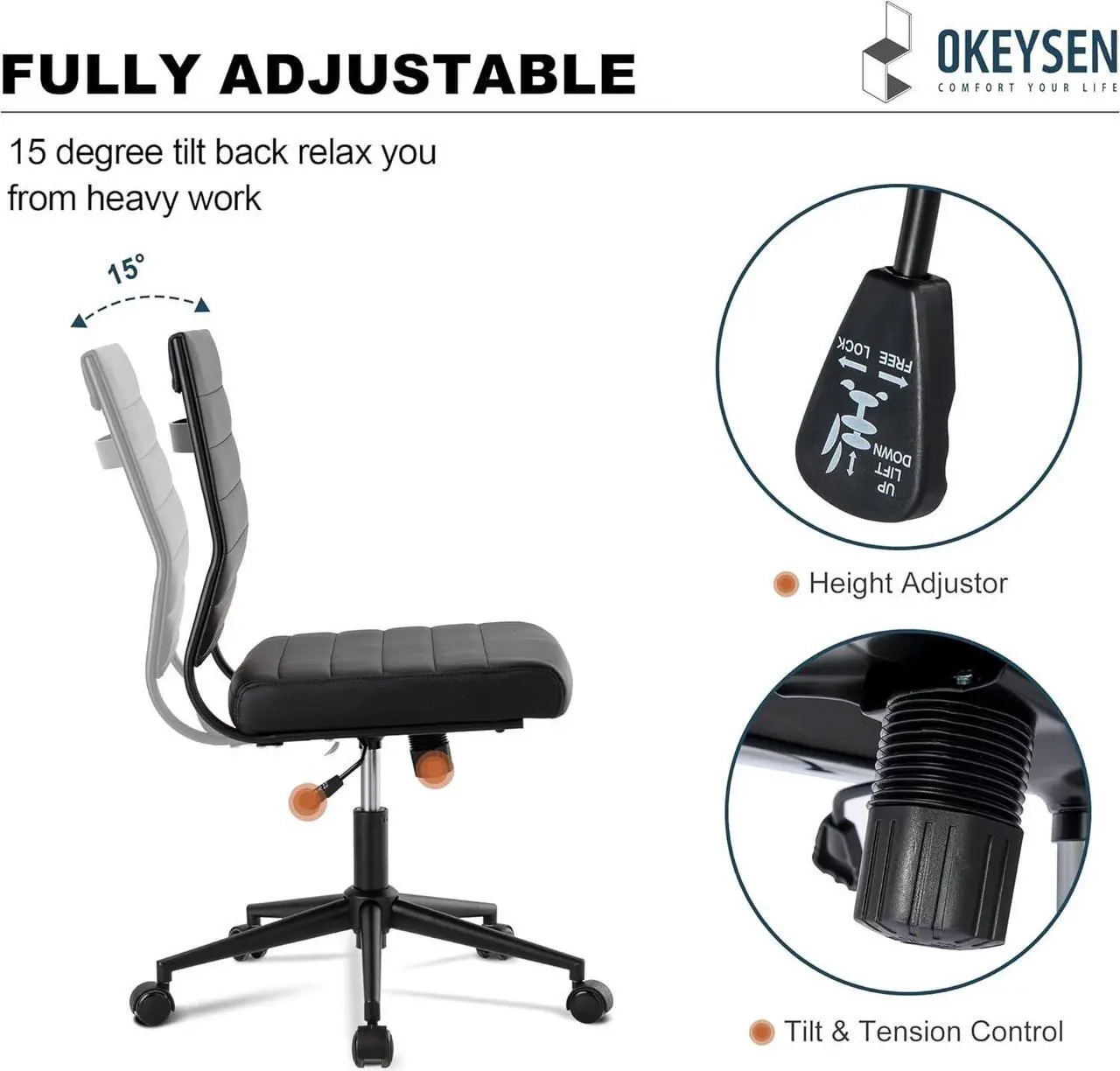 Alt view image 6 of 7 - Okeysen Office Desk Chair No Arms, Mid Back Ergonomic Swivel Black Armless Conference Room Chair, Adjustable Height PU Leather Home Desk Chair, Modern Small Rolling Computer Task Chair