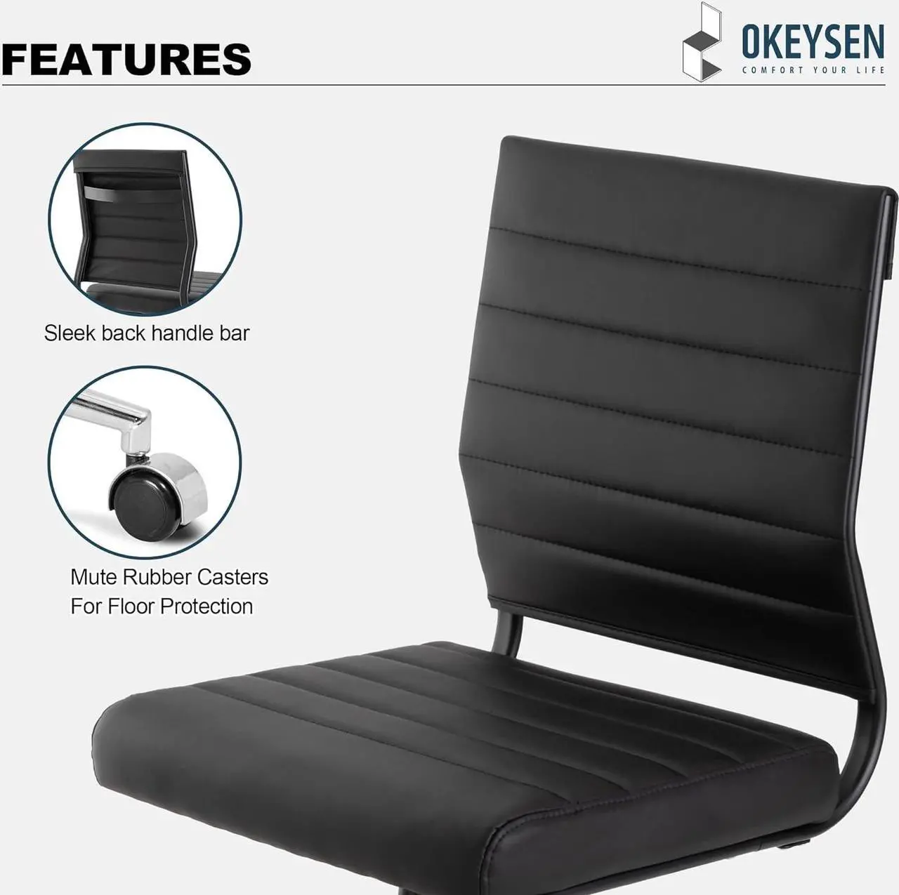 Alt view image 7 of 7 - Okeysen Office Desk Chair No Arms, Mid Back Ergonomic Swivel Black Armless Conference Room Chair, Adjustable Height PU Leather Home Desk Chair, Modern Small Rolling Computer Task Chair