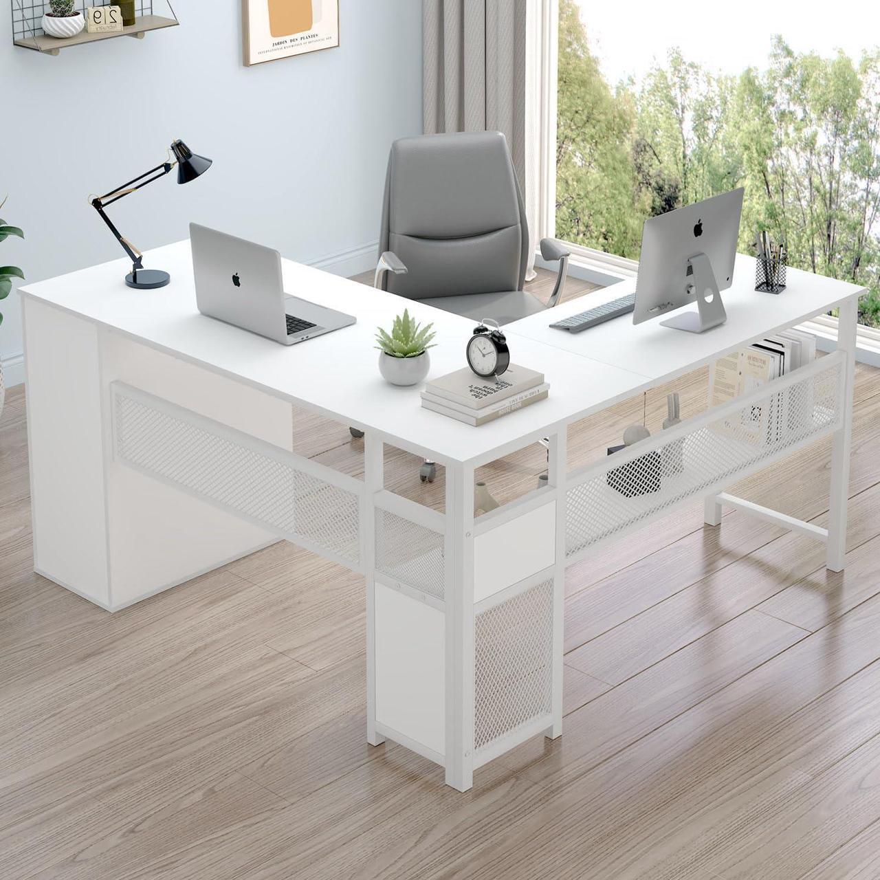 Main image of LVB White L Shaped Corner Desk with Drawers, Reversible Modern L-Shaped Computer Desk with Storage Cabinet Shelves, Large Wood Metal L Shape Home Office Desk for Work Study Writing Gaming, 59 Inch
