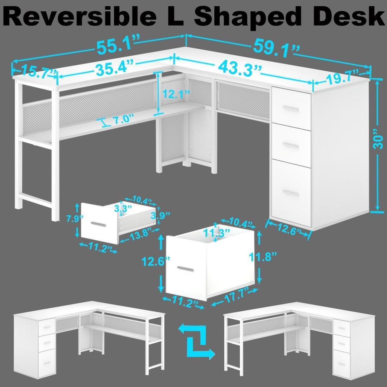 Alt view image 2 of 7 - LVB White L Shaped Corner Desk with Drawers, Reversible Modern L-Shaped Computer Desk with Storage Cabinet Shelves, Large Wood Metal L Shape Home Office Desk for Work Study Writing Gaming, 59 Inch