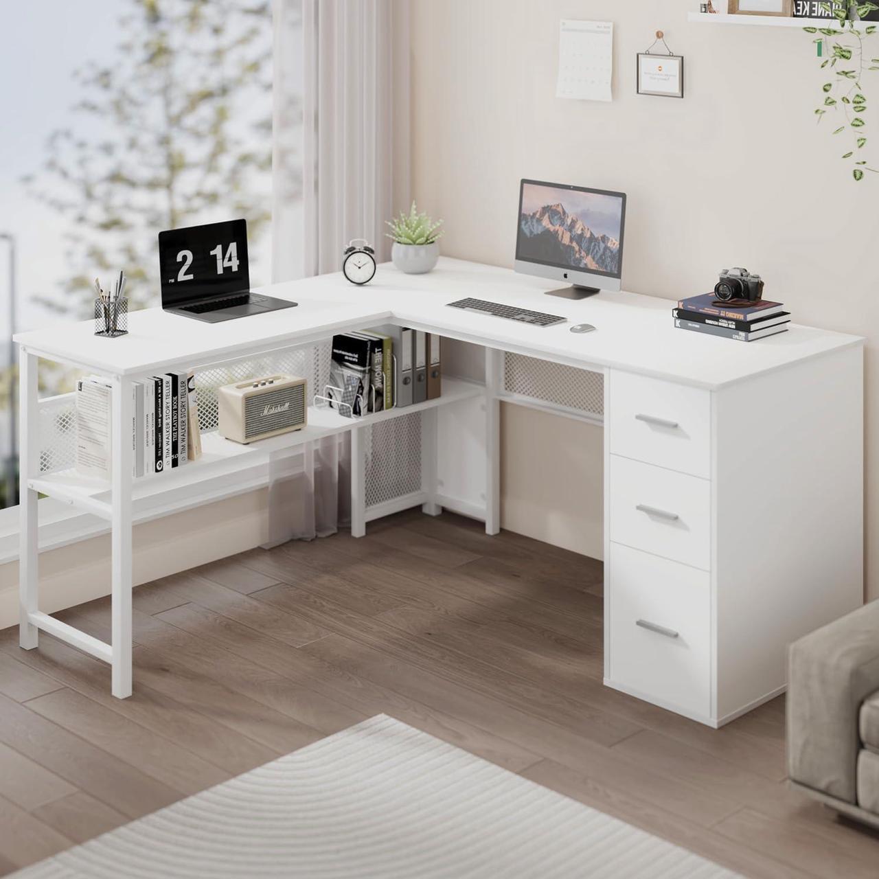 Alt view image 3 of 7 - LVB White L Shaped Corner Desk with Drawers, Reversible Modern L-Shaped Computer Desk with Storage Cabinet Shelves, Large Wood Metal L Shape Home Office Desk for Work Study Writing Gaming, 59 Inch