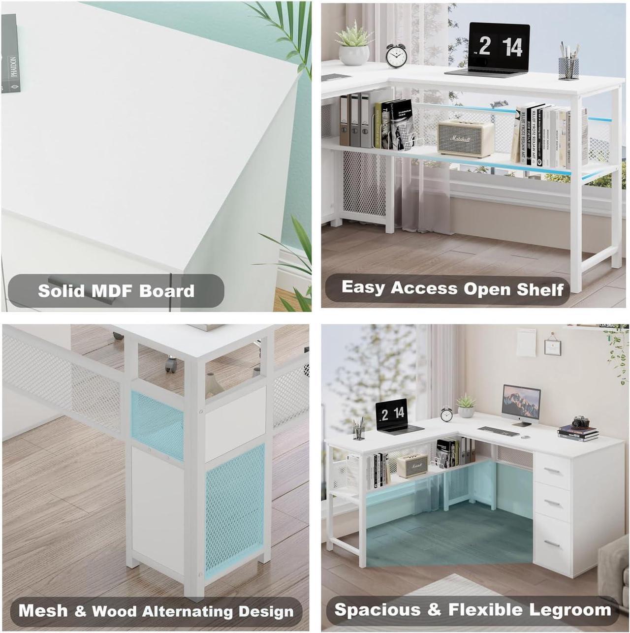 Alt view image 4 of 7 - LVB White L Shaped Corner Desk with Drawers, Reversible Modern L-Shaped Computer Desk with Storage Cabinet Shelves, Large Wood Metal L Shape Home Office Desk for Work Study Writing Gaming, 59 Inch