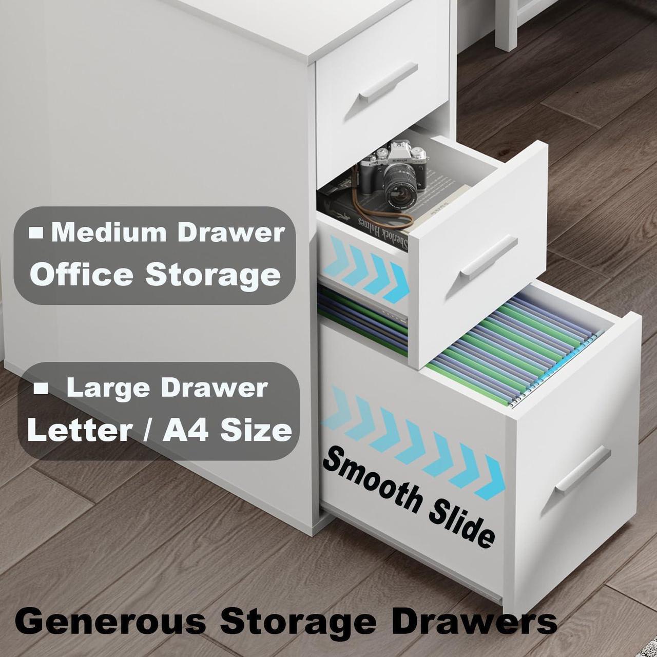 Alt view image 5 of 7 - LVB White L Shaped Corner Desk with Drawers, Reversible Modern L-Shaped Computer Desk with Storage Cabinet Shelves, Large Wood Metal L Shape Home Office Desk for Work Study Writing Gaming, 59 Inch