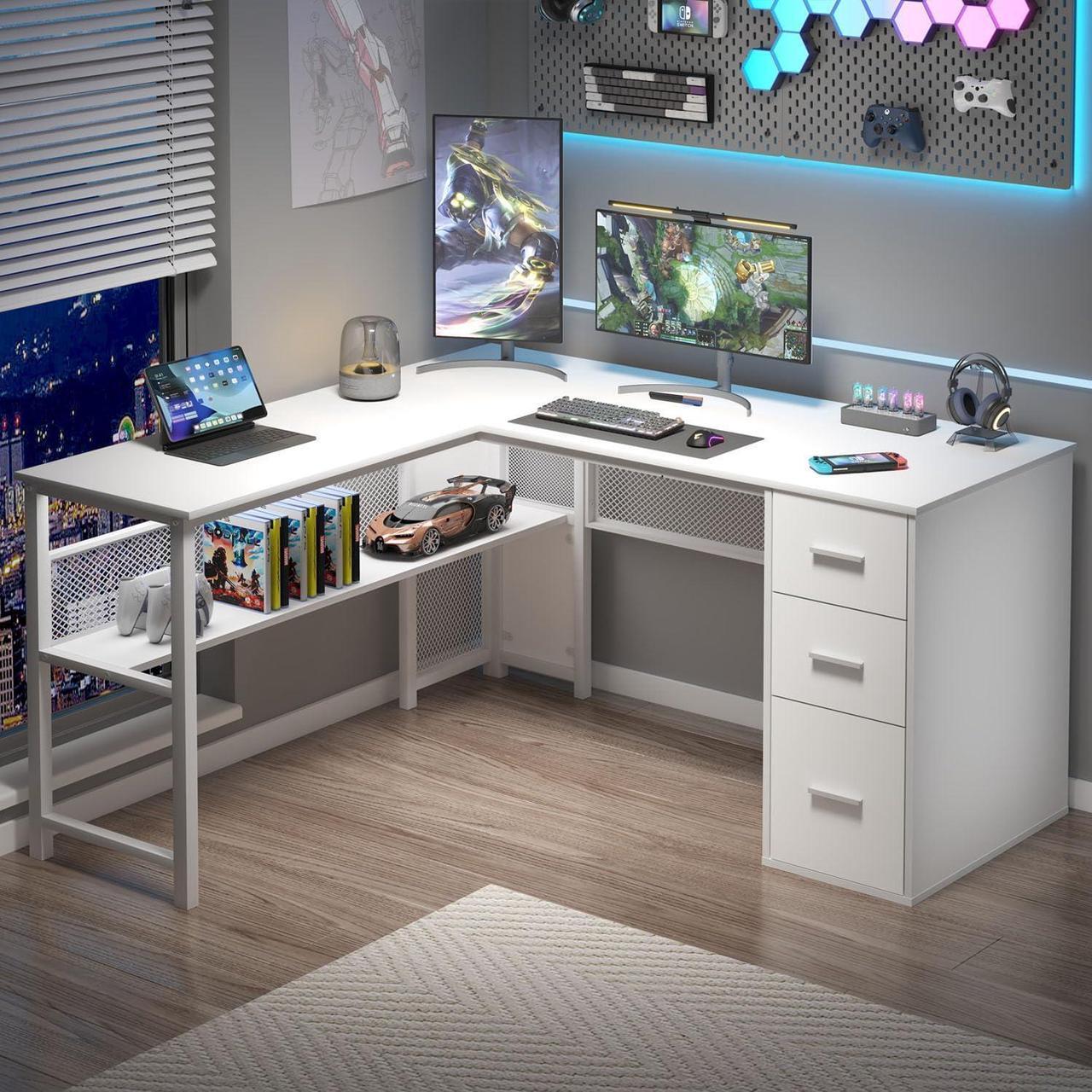 Alt view image 7 of 7 - LVB White L Shaped Corner Desk with Drawers, Reversible Modern L-Shaped Computer Desk with Storage Cabinet Shelves, Large Wood Metal L Shape Home Office Desk for Work Study Writing Gaming, 59 Inch