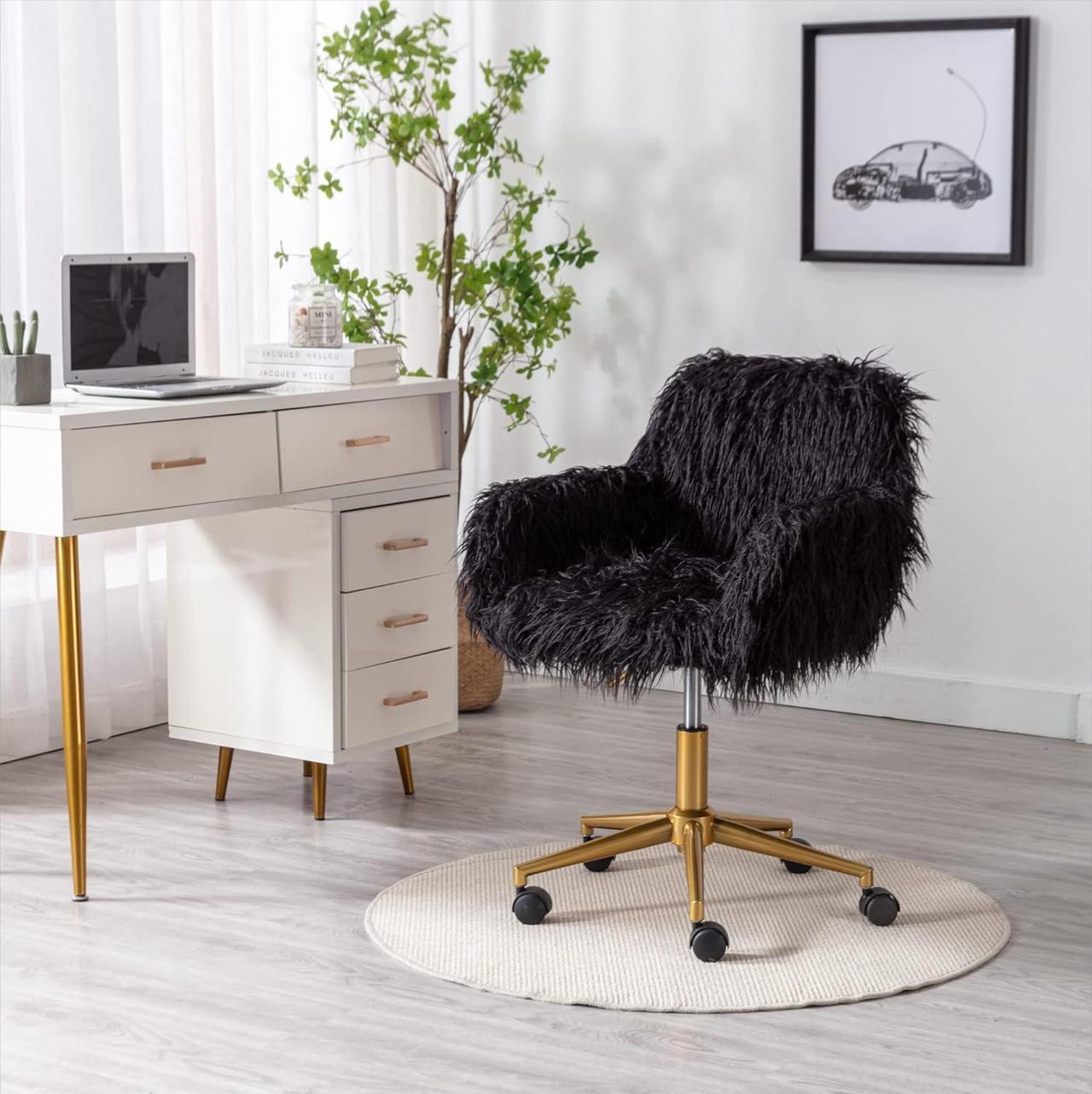 Main image of HomVent Fluffy Desk Chair Pink Faux Fur Vanity Chair Adjustable Swivel Computer Chair on Wheels Height Adjustable Cute Desk Chair for Makeup Room Teen Girls Bedroom Home Office (Black 2 A)