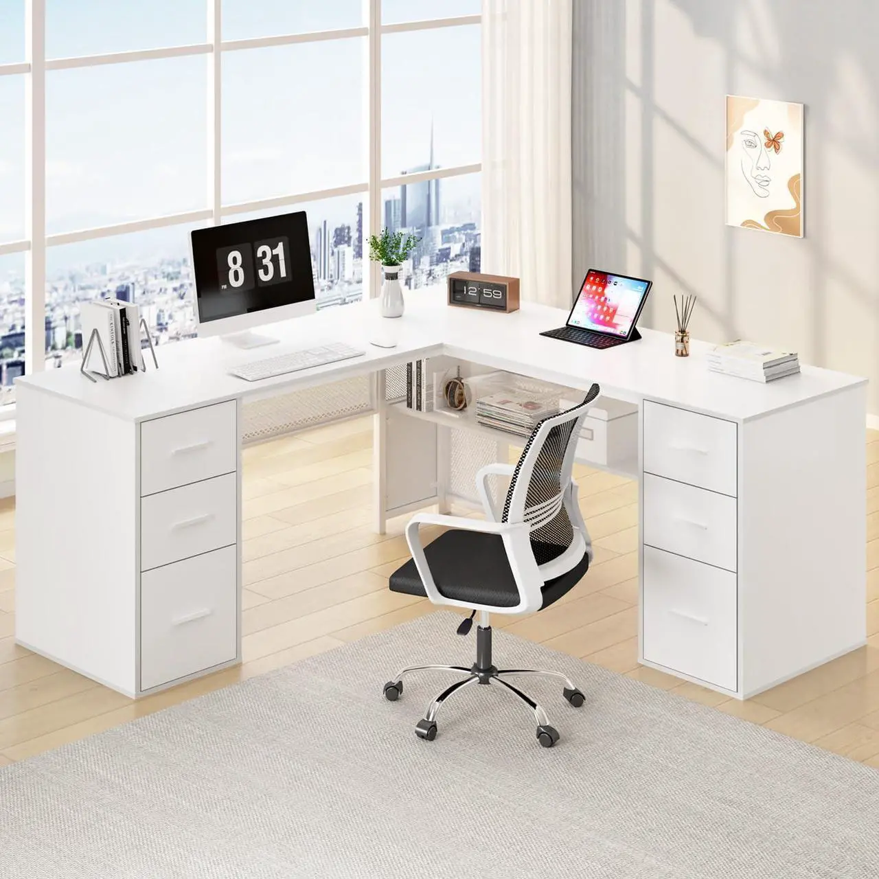 Main image of HSH White L Shaped Desk with Drawers Shelves, Large Home Office Corner Computer Desk with Storage File Cabinet, Modern Metal Wood Desk for Executive Writing Study Workstation, 59 Inch Bedroom Table