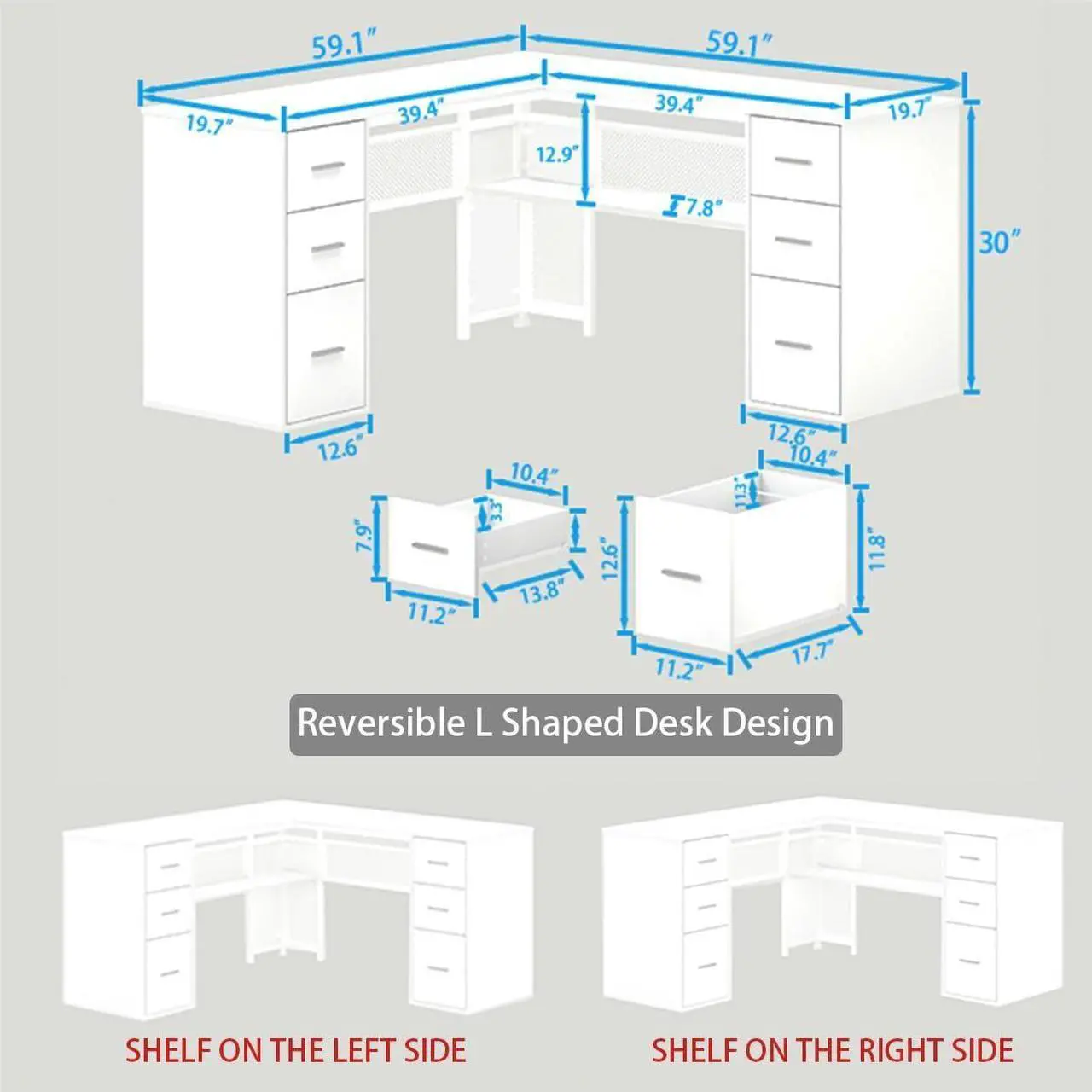 Alt view image 2 of 7 - HSH White L Shaped Desk with Drawers Shelves, Large Home Office Corner Computer Desk with Storage File Cabinet, Modern Metal Wood Desk for Executive Writing Study Workstation, 59 Inch Bedroom Table