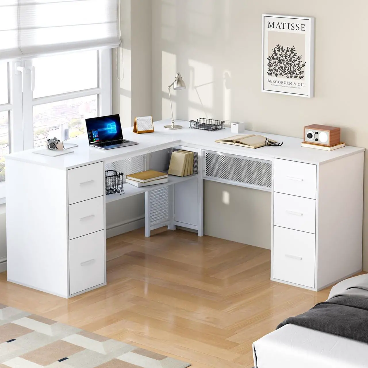 Alt view image 3 of 7 - HSH White L Shaped Desk with Drawers Shelves, Large Home Office Corner Computer Desk with Storage File Cabinet, Modern Metal Wood Desk for Executive Writing Study Workstation, 59 Inch Bedroom Table