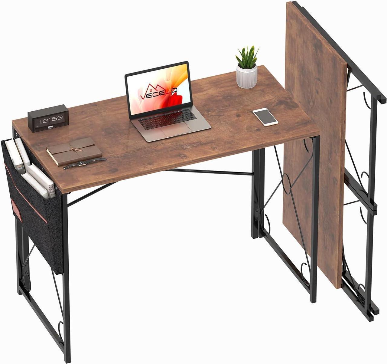 Main image of VECELO Folding Desk with Storage Bag 39 Inch Writing Desk Home Office Sturdy Steel Laptop Table for Home Office Work Rustic Brown