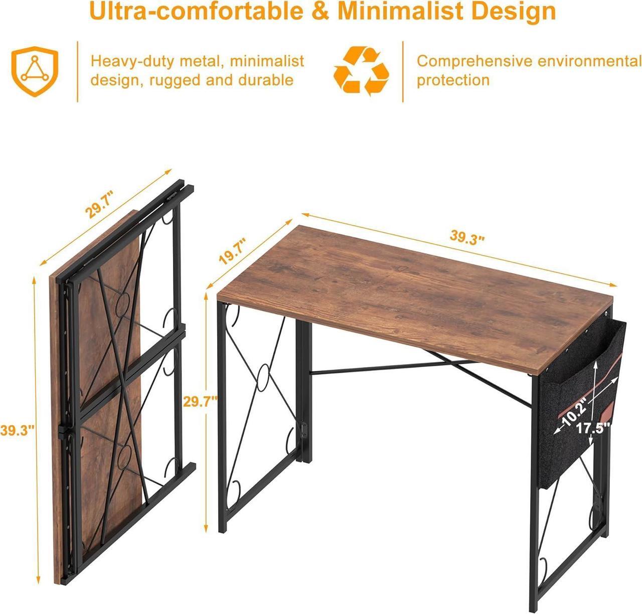 Alt view image 3 of 7 - VECELO Folding Desk with Storage Bag 39 Inch Writing Desk Home Office Sturdy Steel Laptop Table for Home Office Work Rustic Brown