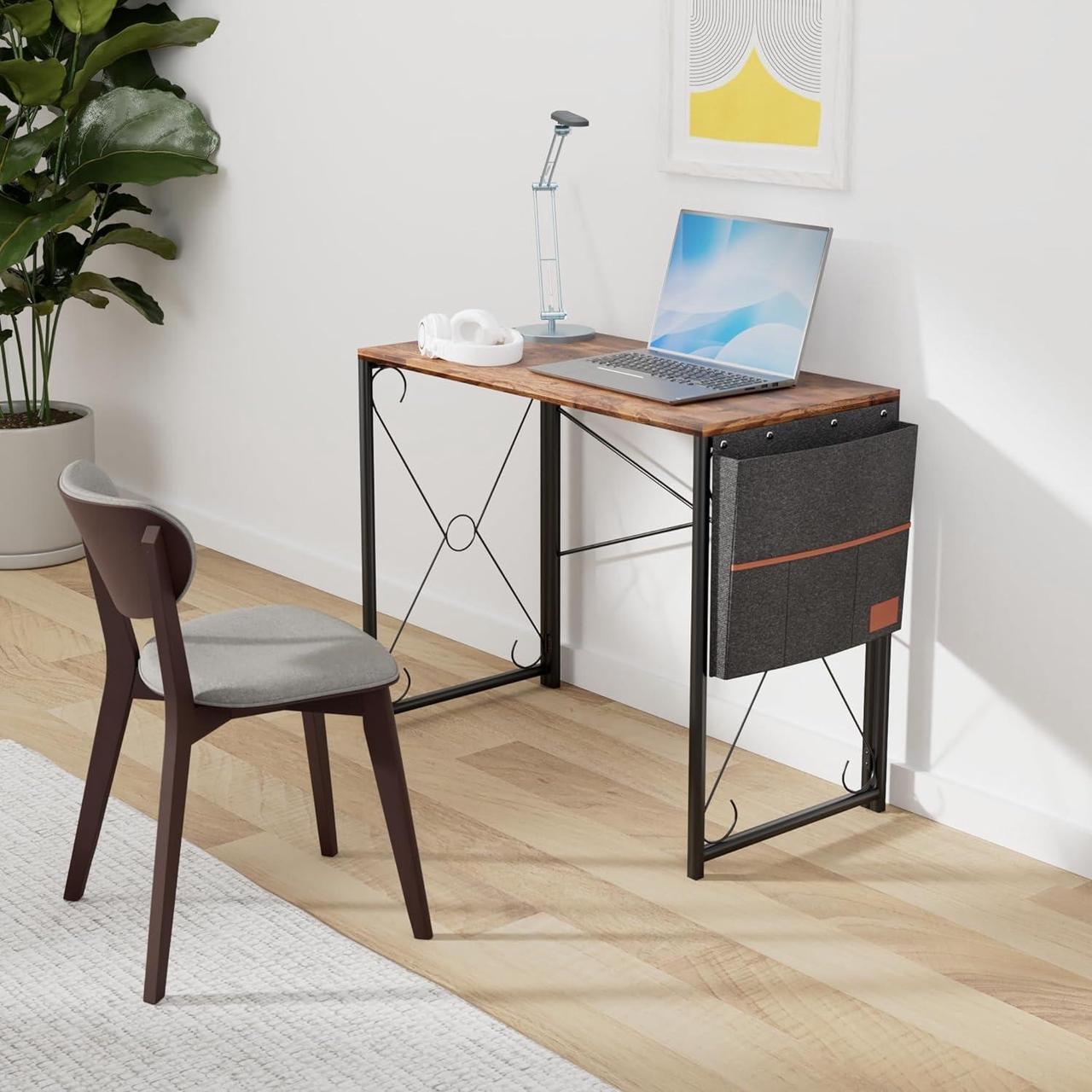 Alt view image 2 of 7 - VECELO Folding Desk with Storage Bag 39 Inch Writing Desk Home Office Sturdy Steel Laptop Table for Home Office Work Rustic Brown