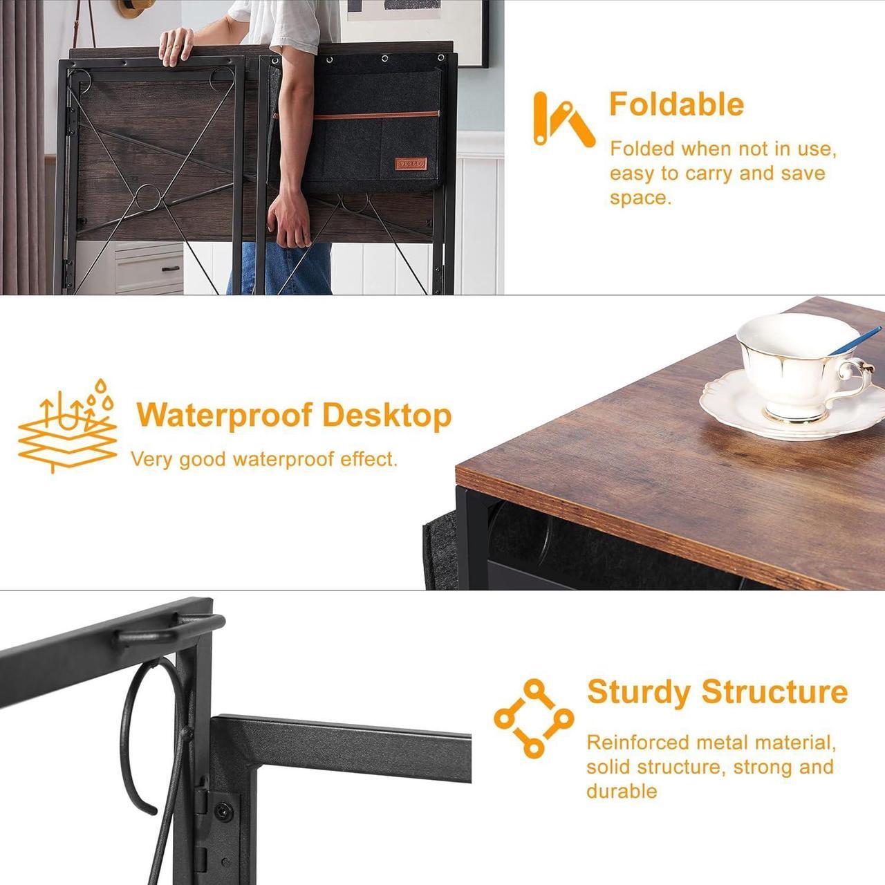 Alt view image 7 of 7 - VECELO Folding Desk with Storage Bag 39 Inch Writing Desk Home Office Sturdy Steel Laptop Table for Home Office Work Rustic Brown