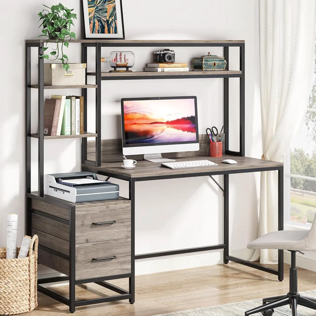 Main image of Tribesigns 55 Inch Computer Desk with 2 Drawers and Storage Shelves, Rustic Office Desk with Hutch, Study Writing Gaming Table Laptop Workstation for Home Office(Grey)