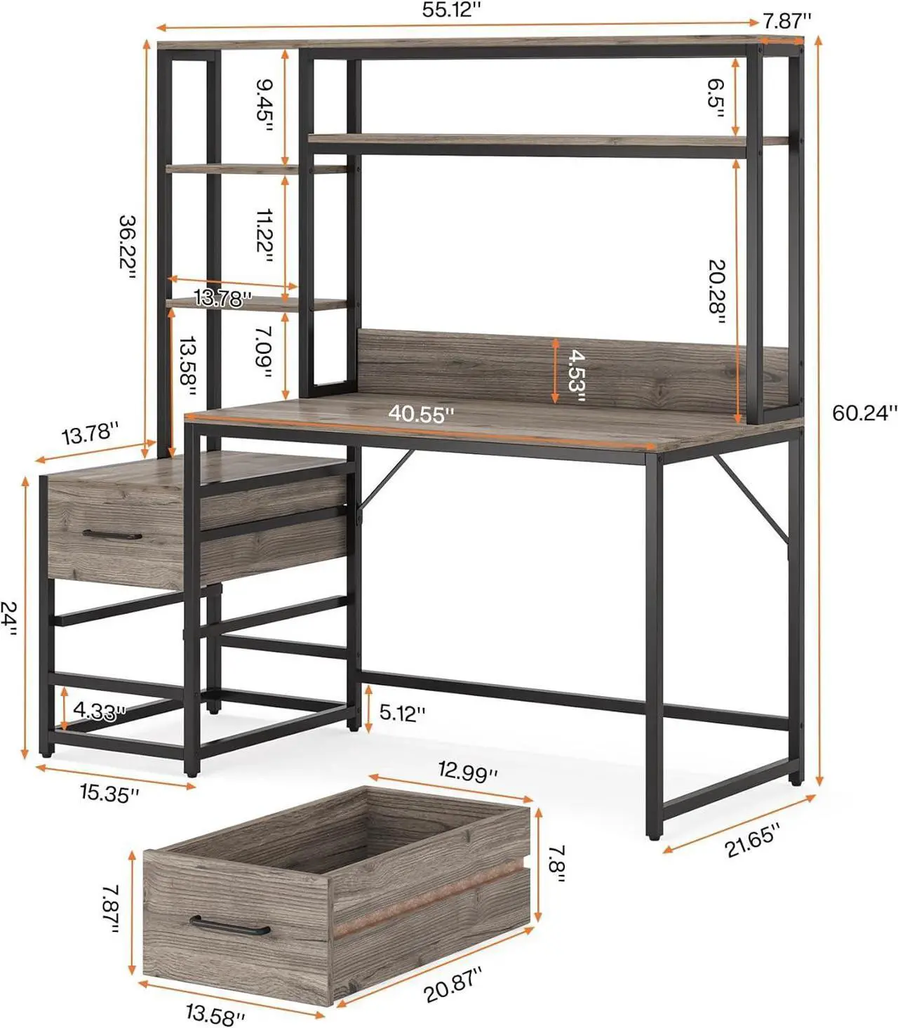 Alt view image 2 of 7 - Tribesigns 55 Inch Computer Desk with 2 Drawers and Storage Shelves, Rustic Office Desk with Hutch, Study Writing Gaming Table Laptop Workstation for Home Office(Grey)