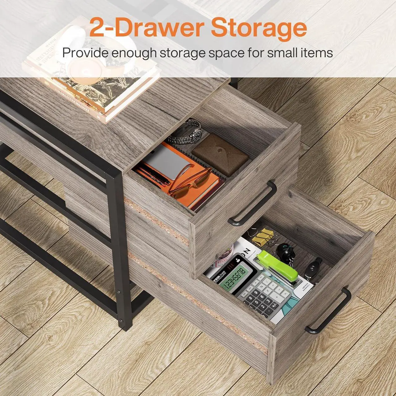 Alt view image 5 of 7 - Tribesigns 55 Inch Computer Desk with 2 Drawers and Storage Shelves, Rustic Office Desk with Hutch, Study Writing Gaming Table Laptop Workstation for Home Office(Grey)