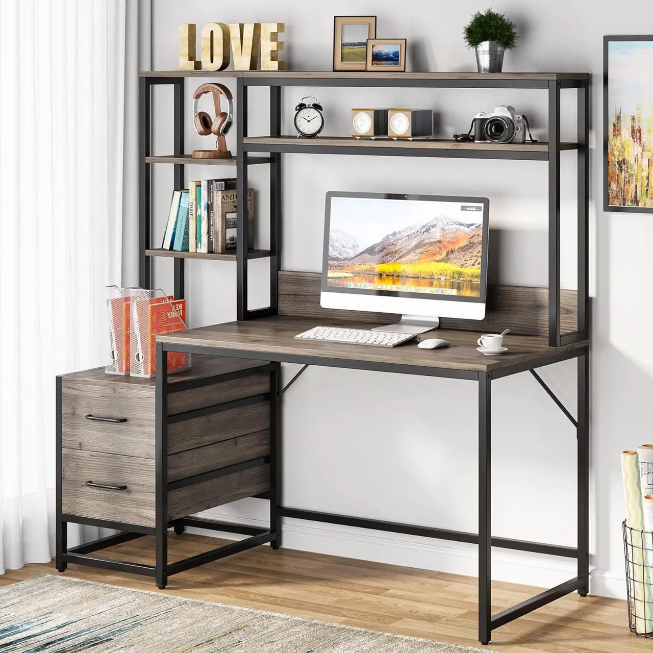 Alt view image 7 of 7 - Tribesigns 55 Inch Computer Desk with 2 Drawers and Storage Shelves, Rustic Office Desk with Hutch, Study Writing Gaming Table Laptop Workstation for Home Office(Grey)