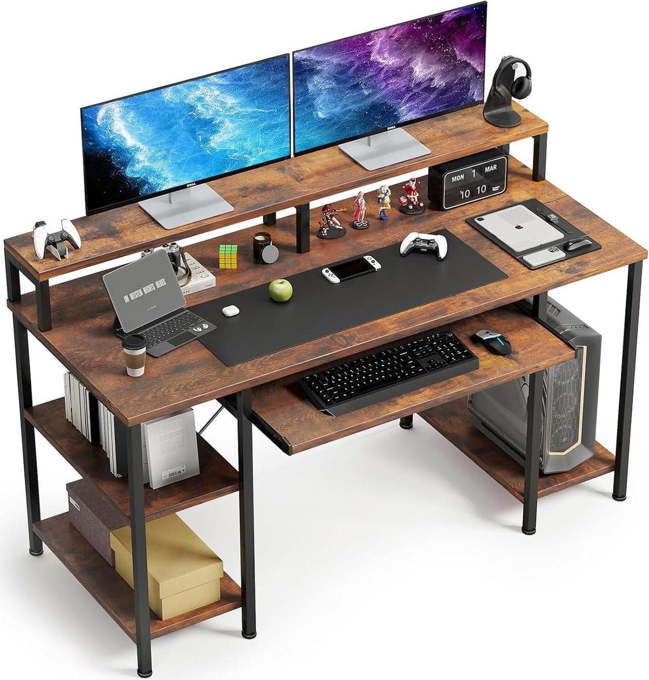 Main image of VERMESS 48Inch Computer Desk, Home Office Desks with Keyboard Tray, Gaming Desk with CPU Stand Shelf,Industrial Study Table Wide Writing Desk with Storage Shelves for 2 Monitors, Rustic Brown