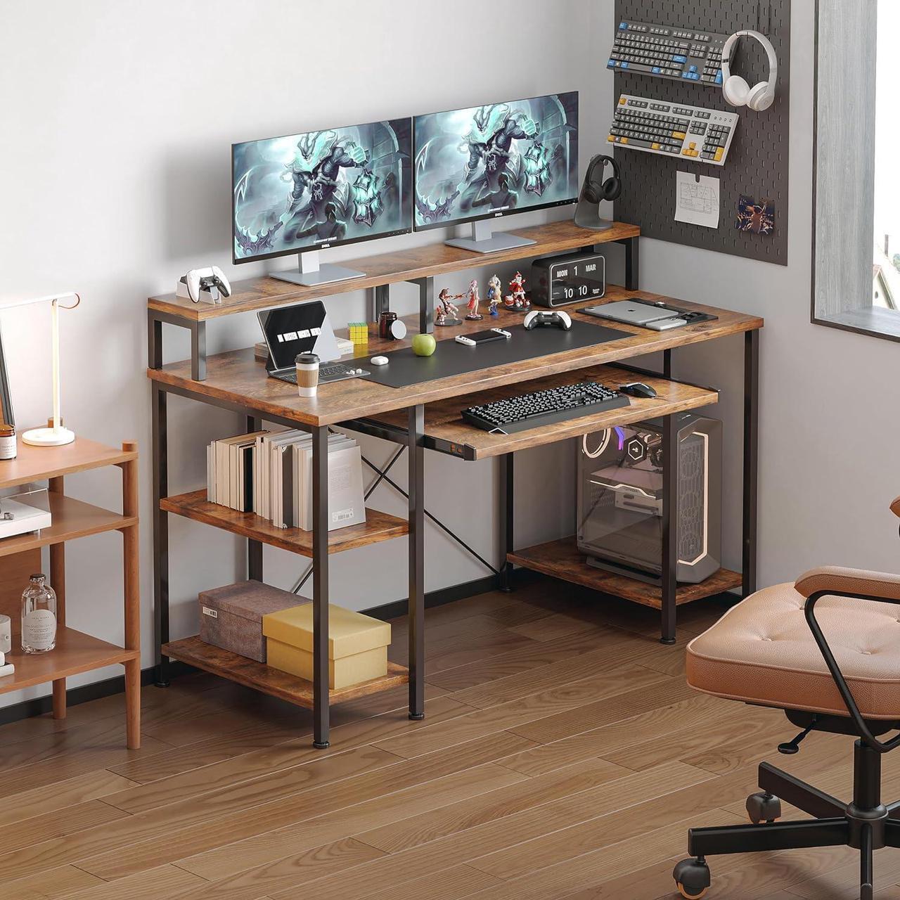 Alt view image 2 of 7 - VERMESS 48Inch Computer Desk, Home Office Desks with Keyboard Tray, Gaming Desk with CPU Stand Shelf,Industrial Study Table Wide Writing Desk with Storage Shelves for 2 Monitors, Rustic Brown