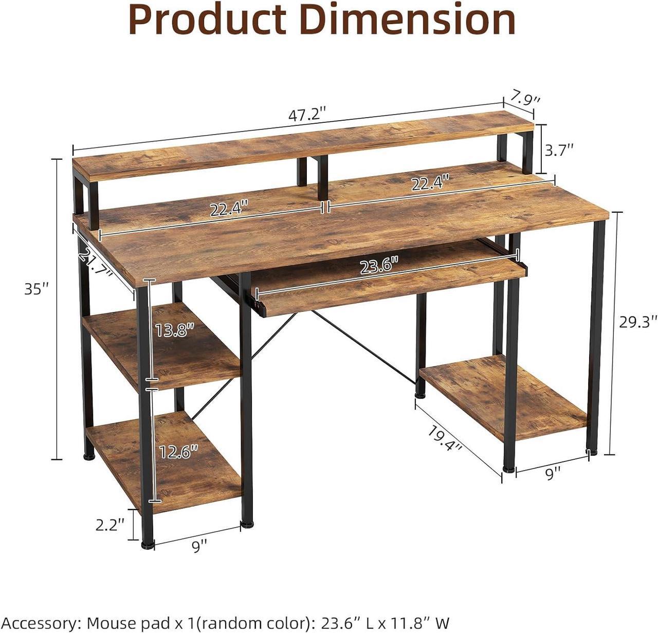 Alt view image 3 of 7 - VERMESS 48Inch Computer Desk, Home Office Desks with Keyboard Tray, Gaming Desk with CPU Stand Shelf,Industrial Study Table Wide Writing Desk with Storage Shelves for 2 Monitors, Rustic Brown