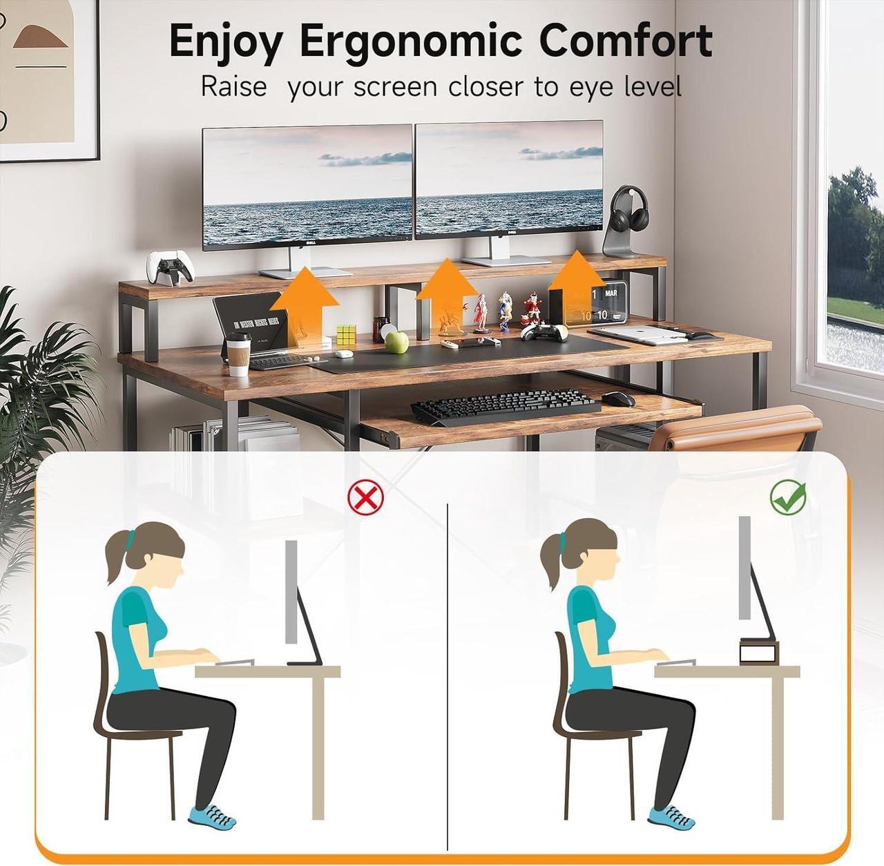 Alt view image 4 of 7 - VERMESS 48Inch Computer Desk, Home Office Desks with Keyboard Tray, Gaming Desk with CPU Stand Shelf,Industrial Study Table Wide Writing Desk with Storage Shelves for 2 Monitors, Rustic Brown