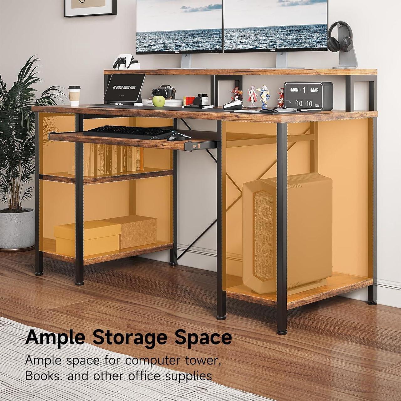 Alt view image 6 of 7 - VERMESS 48Inch Computer Desk, Home Office Desks with Keyboard Tray, Gaming Desk with CPU Stand Shelf,Industrial Study Table Wide Writing Desk with Storage Shelves for 2 Monitors, Rustic Brown
