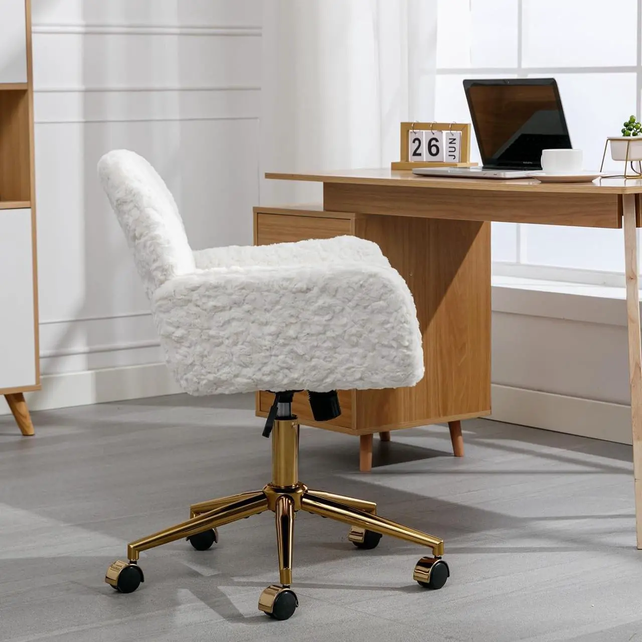 Alt view image 7 of 7 - Faux Fur Home Office Chair for Women Girl, Vanity Makeup Desk Chair with Wheels Upholstered Height Adjustable Armchair with Gold Metal Base Living Room Bedroom Office Vanity
