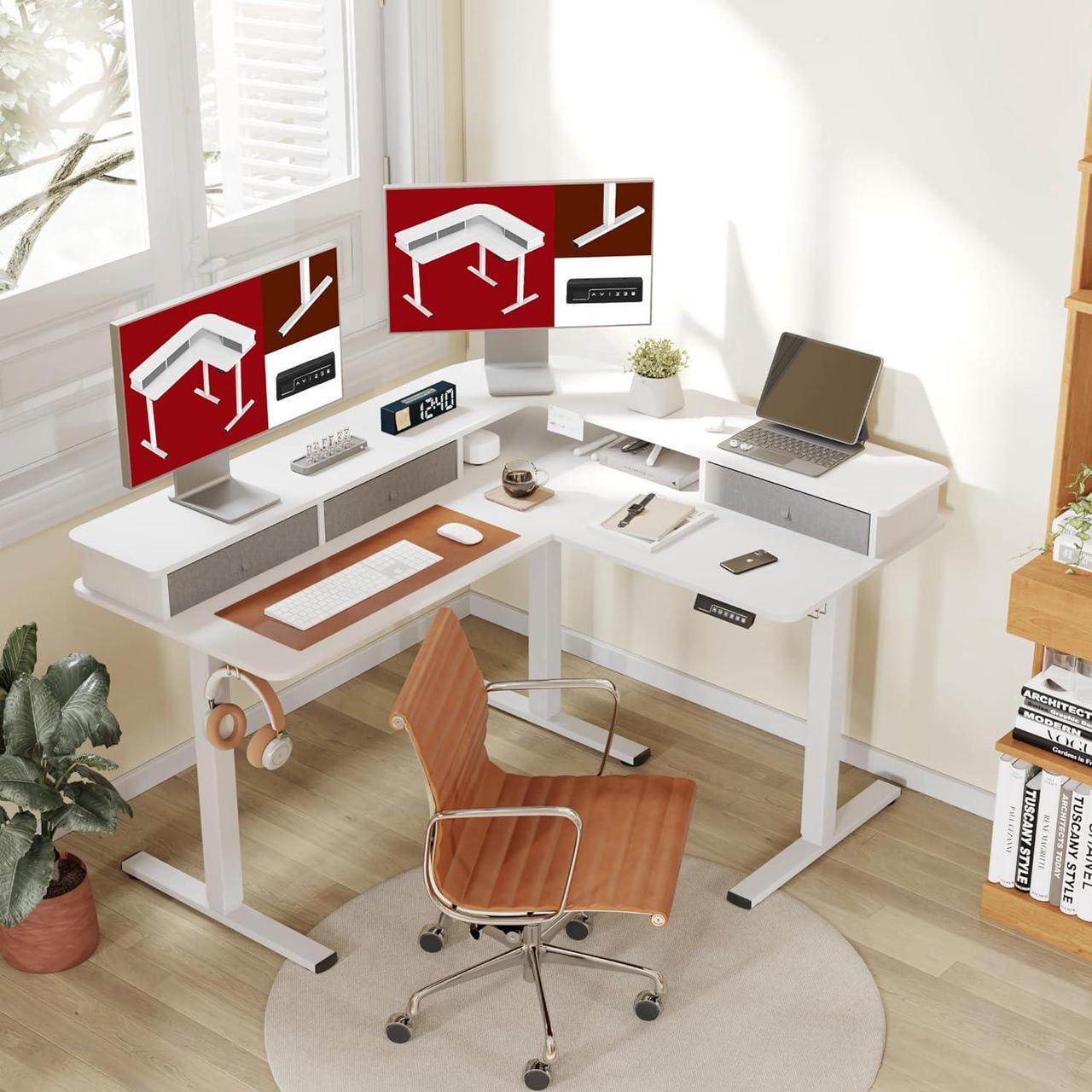 Alt view image 2 of 7 - SANODESK 55" L Shaped Standing Desk with 3 Drawers, Height Adjustable Stand up Desk, Corner Gaming Desk with Monitor Stand, White Frame/White Top