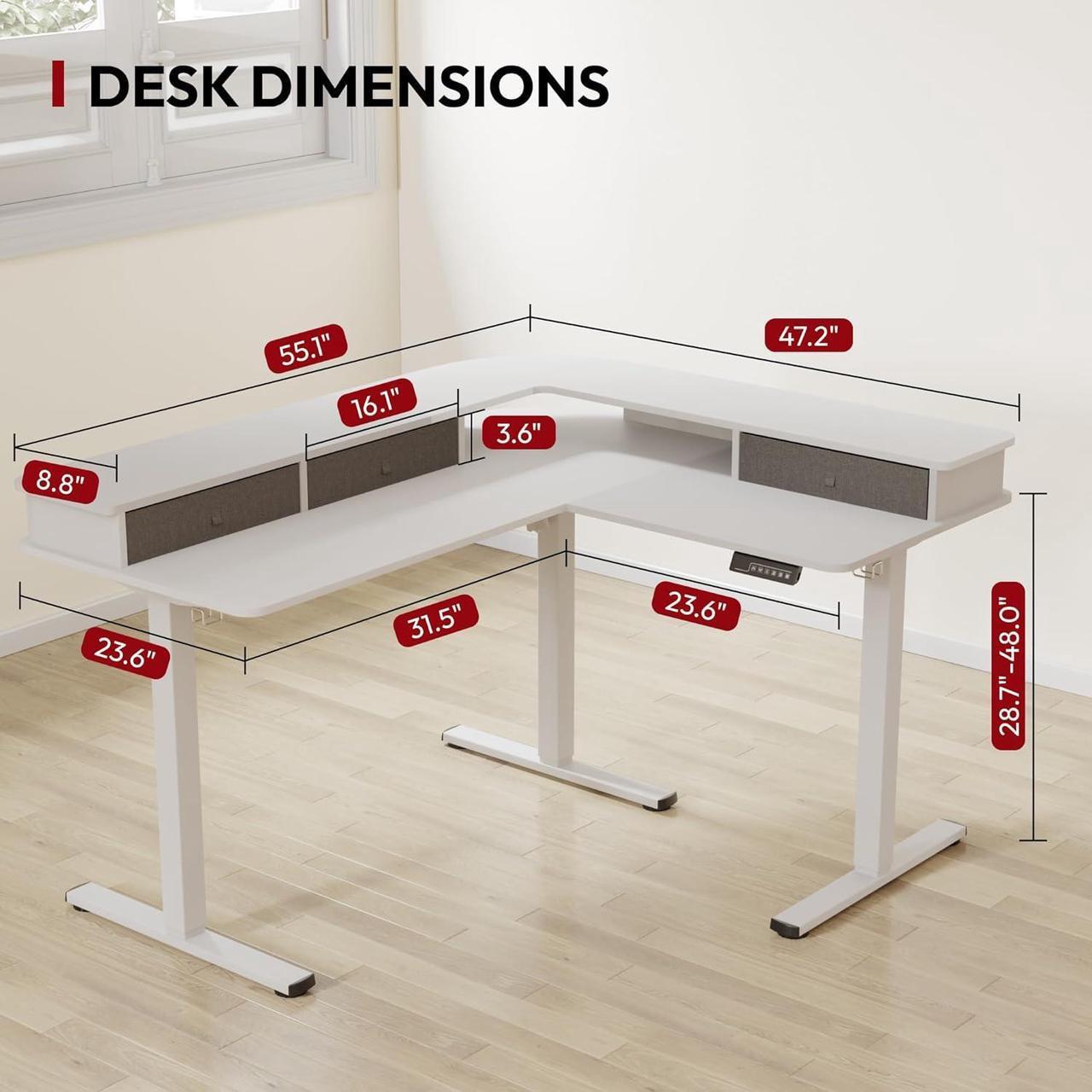 Alt view image 3 of 7 - SANODESK 55" L Shaped Standing Desk with 3 Drawers, Height Adjustable Stand up Desk, Corner Gaming Desk with Monitor Stand, White Frame/White Top