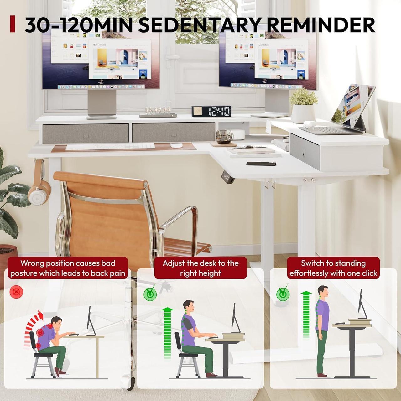 Alt view image 5 of 7 - SANODESK 55" L Shaped Standing Desk with 3 Drawers, Height Adjustable Stand up Desk, Corner Gaming Desk with Monitor Stand, White Frame/White Top