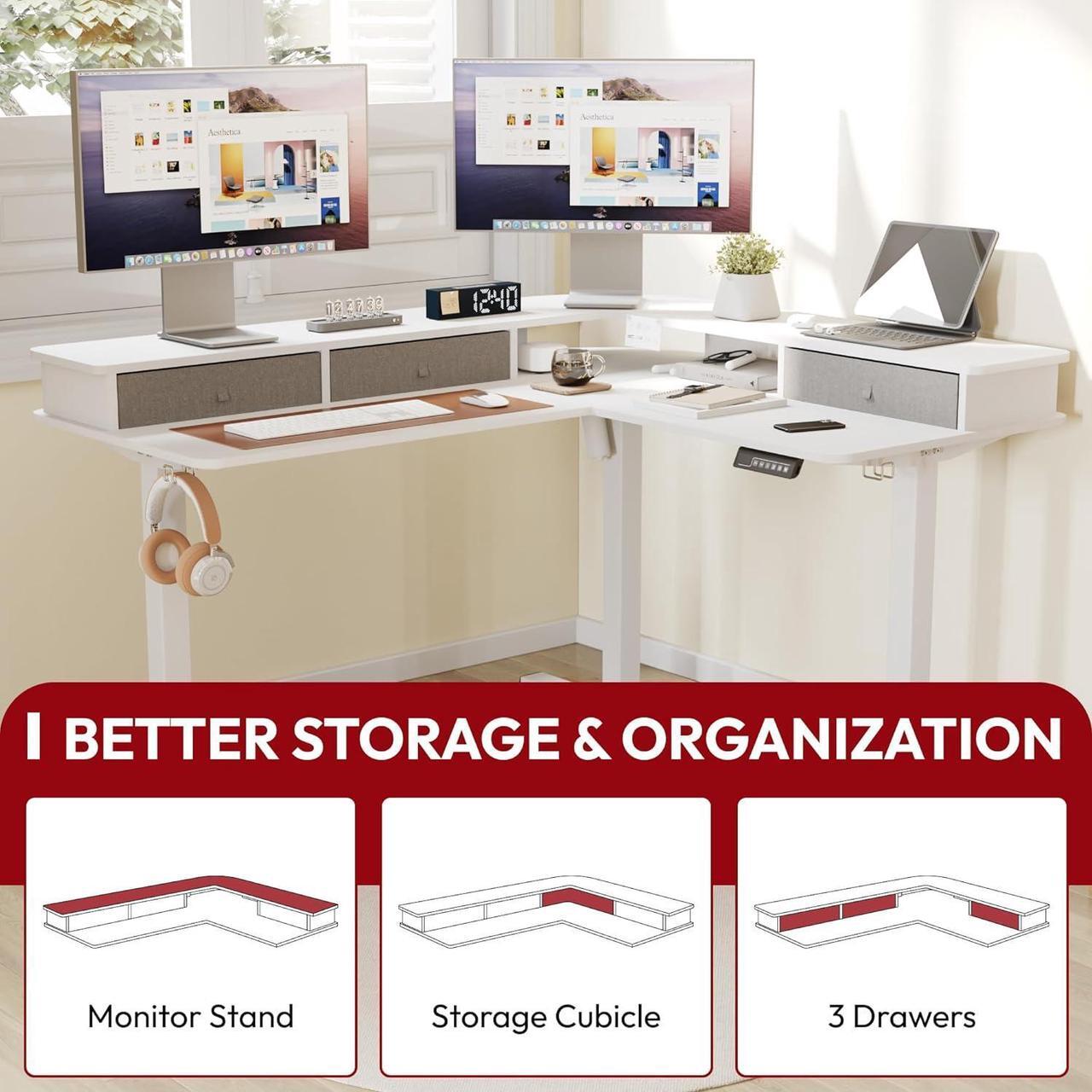 Alt view image 6 of 7 - SANODESK 55" L Shaped Standing Desk with 3 Drawers, Height Adjustable Stand up Desk, Corner Gaming Desk with Monitor Stand, White Frame/White Top