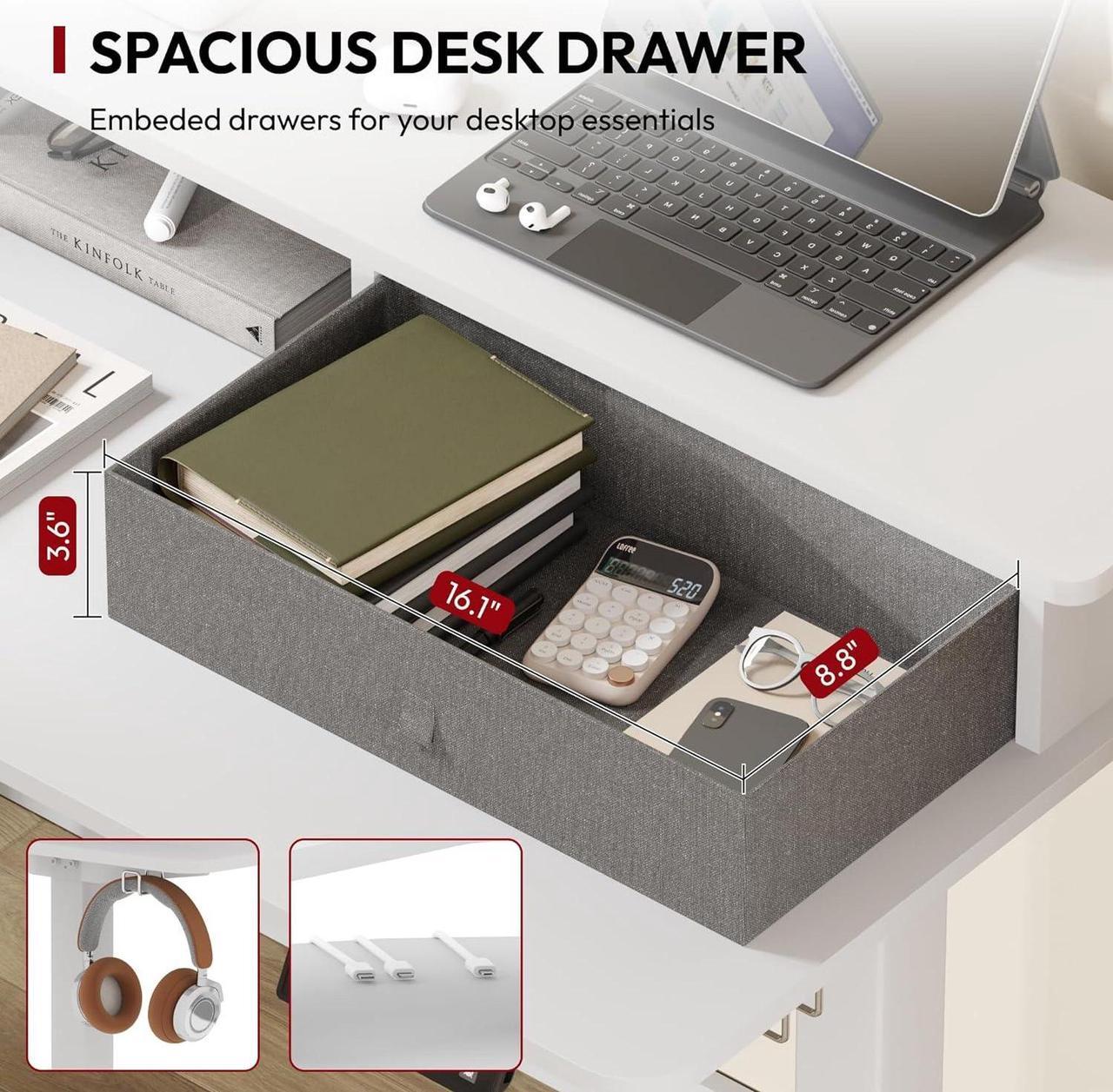 Alt view image 7 of 7 - SANODESK 55" L Shaped Standing Desk with 3 Drawers, Height Adjustable Stand up Desk, Corner Gaming Desk with Monitor Stand, White Frame/White Top