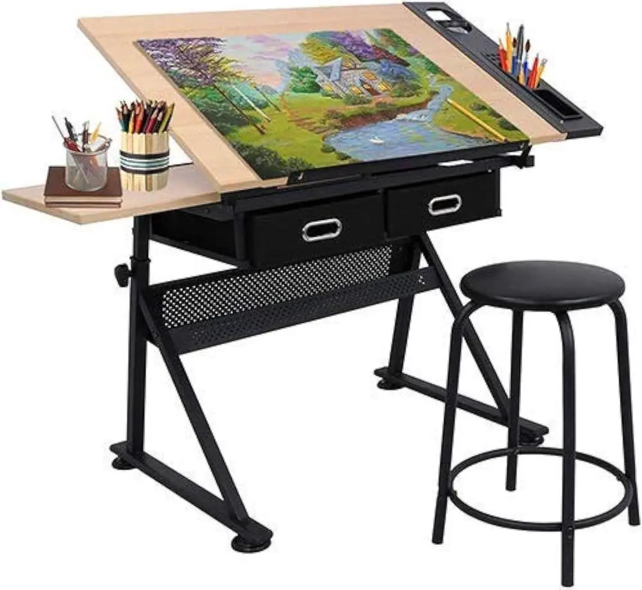 Main image of Drafting Table Drawing Desk Art&Craft Work Station Height Adjustable Tilting Tabletop Craft Table Desk w/Stool and 2 Storage Drawers for Home Office Study Room, Natural