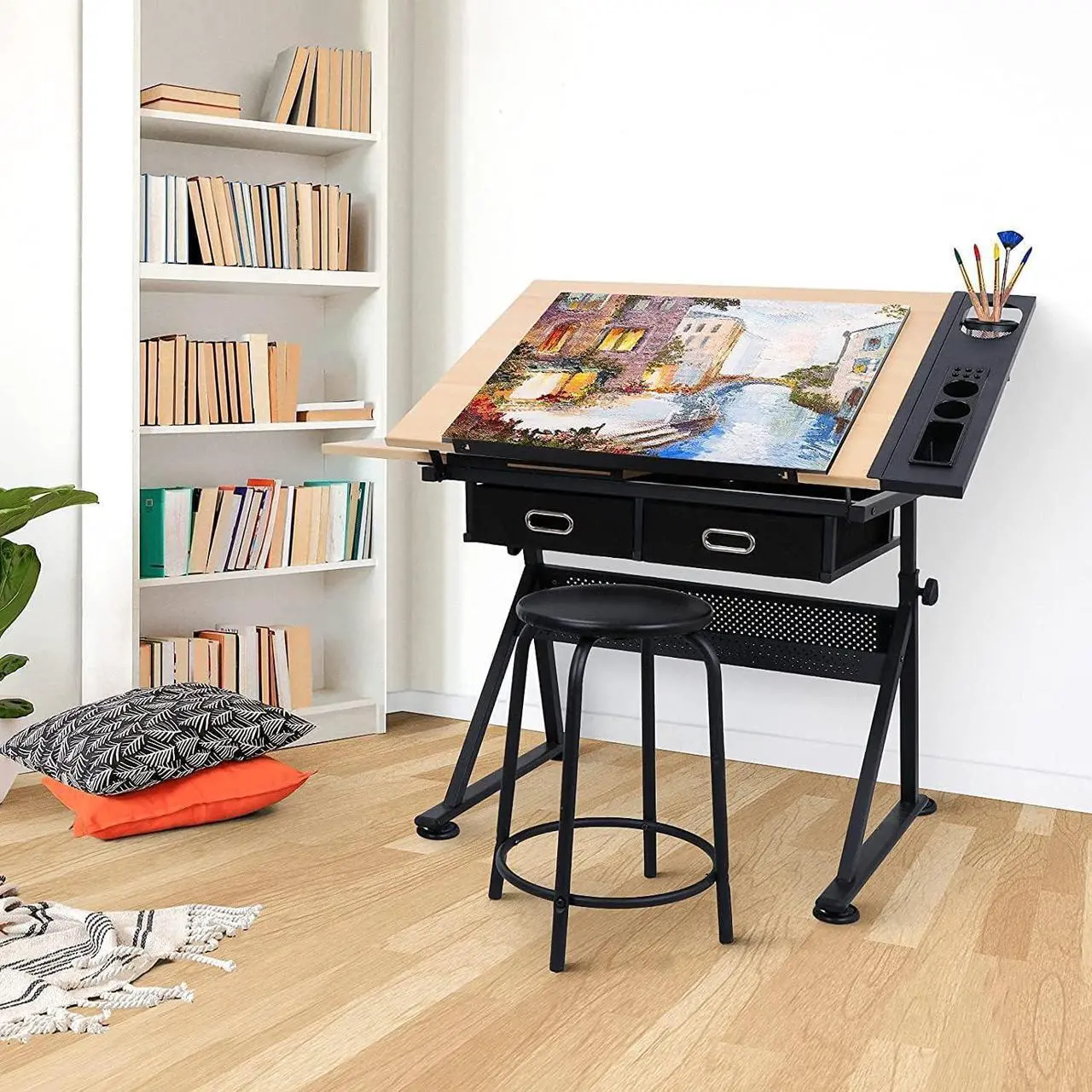 Alt view image 2 of 7 - Drafting Table Drawing Desk Art&Craft Work Station Height Adjustable Tilting Tabletop Craft Table Desk w/Stool and 2 Storage Drawers for Home Office Study Room, Natural
