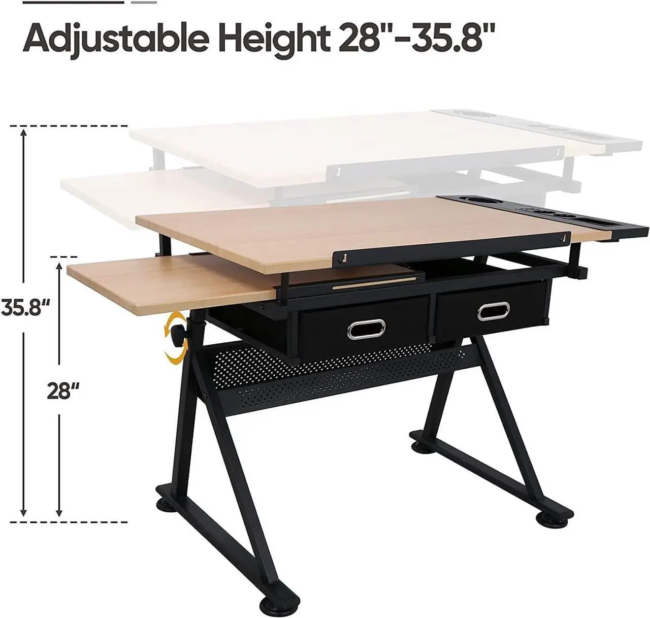 Alt view image 3 of 7 - Drafting Table Drawing Desk Art&Craft Work Station Height Adjustable Tilting Tabletop Craft Table Desk w/Stool and 2 Storage Drawers for Home Office Study Room, Natural
