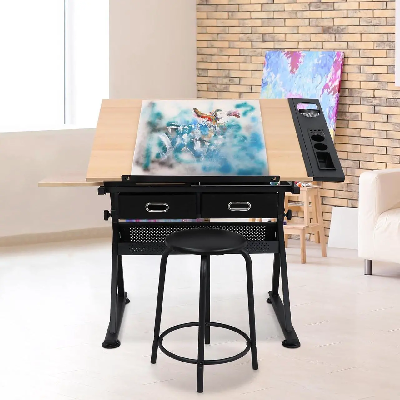 Alt view image 4 of 7 - Drafting Table Drawing Desk Art&Craft Work Station Height Adjustable Tilting Tabletop Craft Table Desk w/Stool and 2 Storage Drawers for Home Office Study Room, Natural