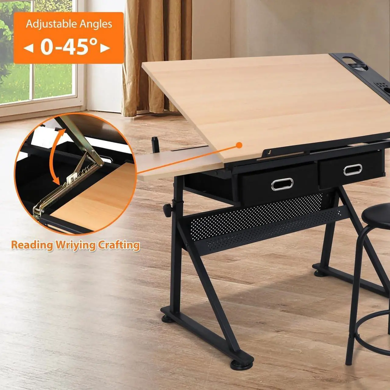 Alt view image 6 of 7 - Drafting Table Drawing Desk Art&Craft Work Station Height Adjustable Tilting Tabletop Craft Table Desk w/Stool and 2 Storage Drawers for Home Office Study Room, Natural