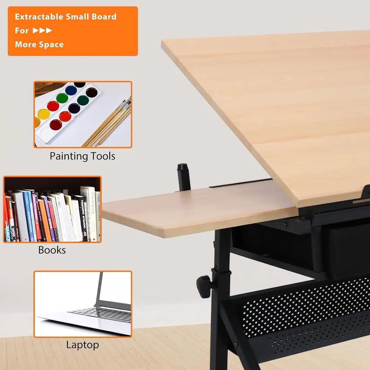 Alt view image 7 of 7 - Drafting Table Drawing Desk Art&Craft Work Station Height Adjustable Tilting Tabletop Craft Table Desk w/Stool and 2 Storage Drawers for Home Office Study Room, Natural