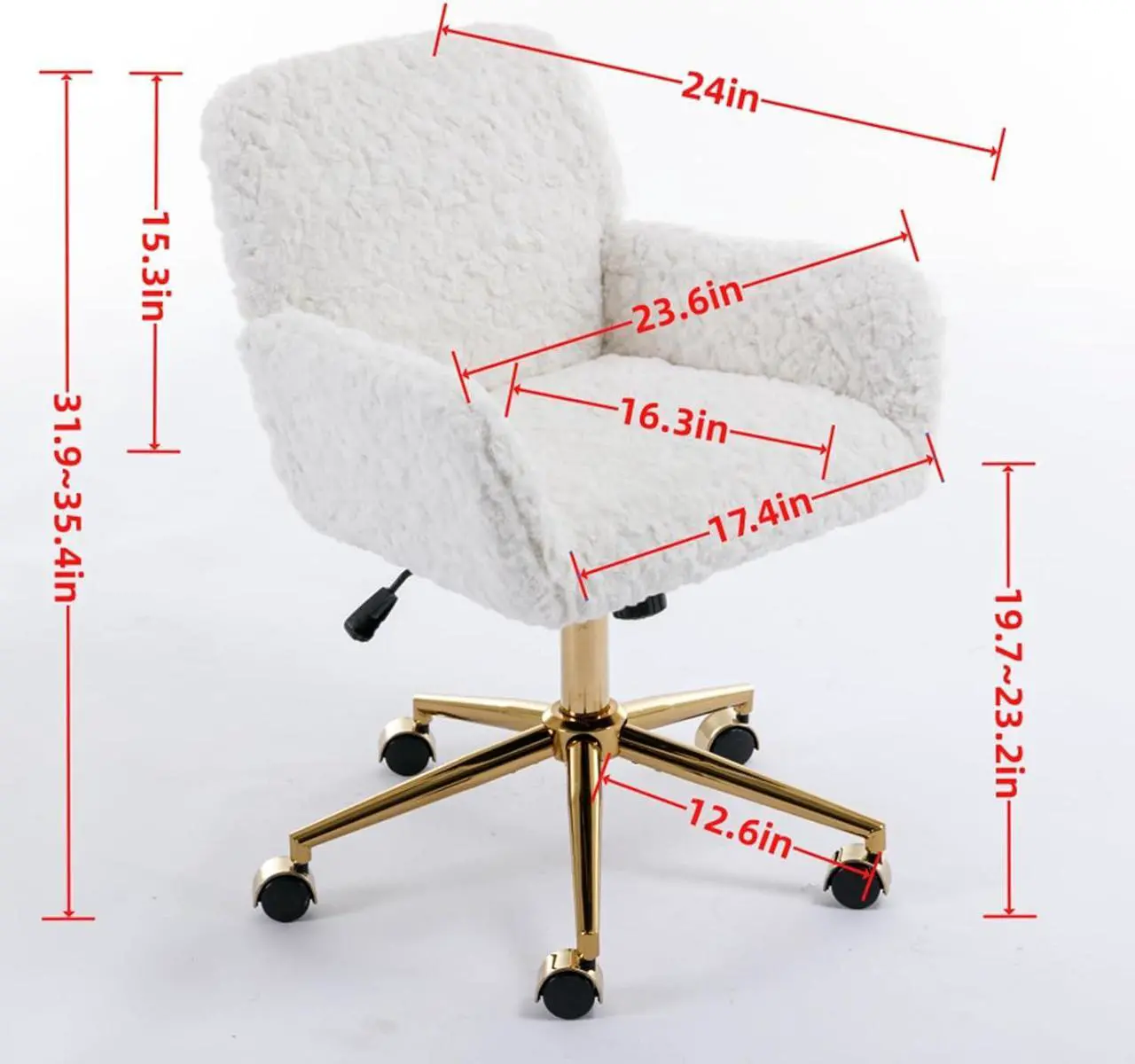 Alt view image 2 of 7 - Faux Fur Home Office Chair for Women Girl, Vanity Makeup Desk Chair with Wheels Upholstered Height Adjustable Armchair with Gold Metal Base Living Room Bedroom Office Vanity