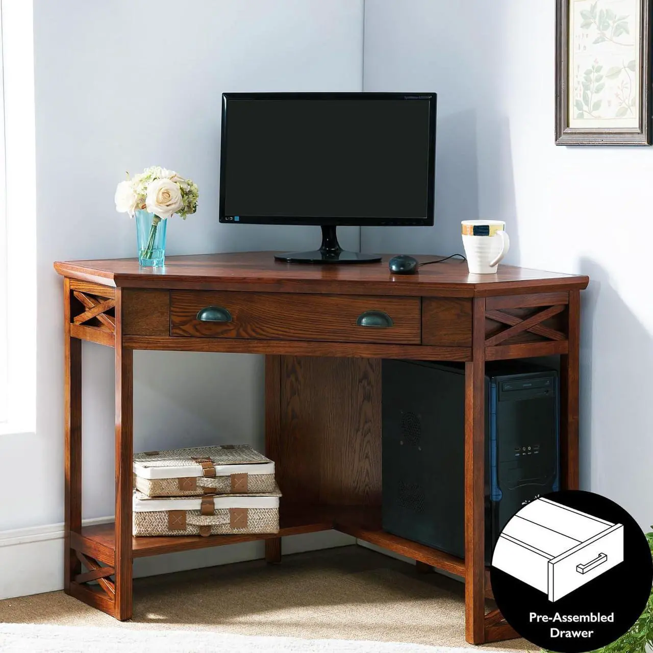 Alt view image 6 of 7 - Leick Home 82431 Corner Computer Writing Desk with Drop Front Keyboard Drawer, Oak