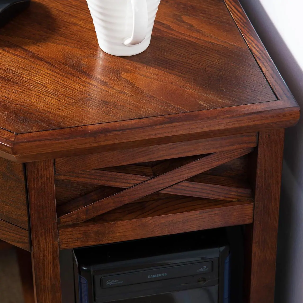 Alt view image 7 of 7 - Leick Home 82431 Corner Computer Writing Desk with Drop Front Keyboard Drawer, Oak