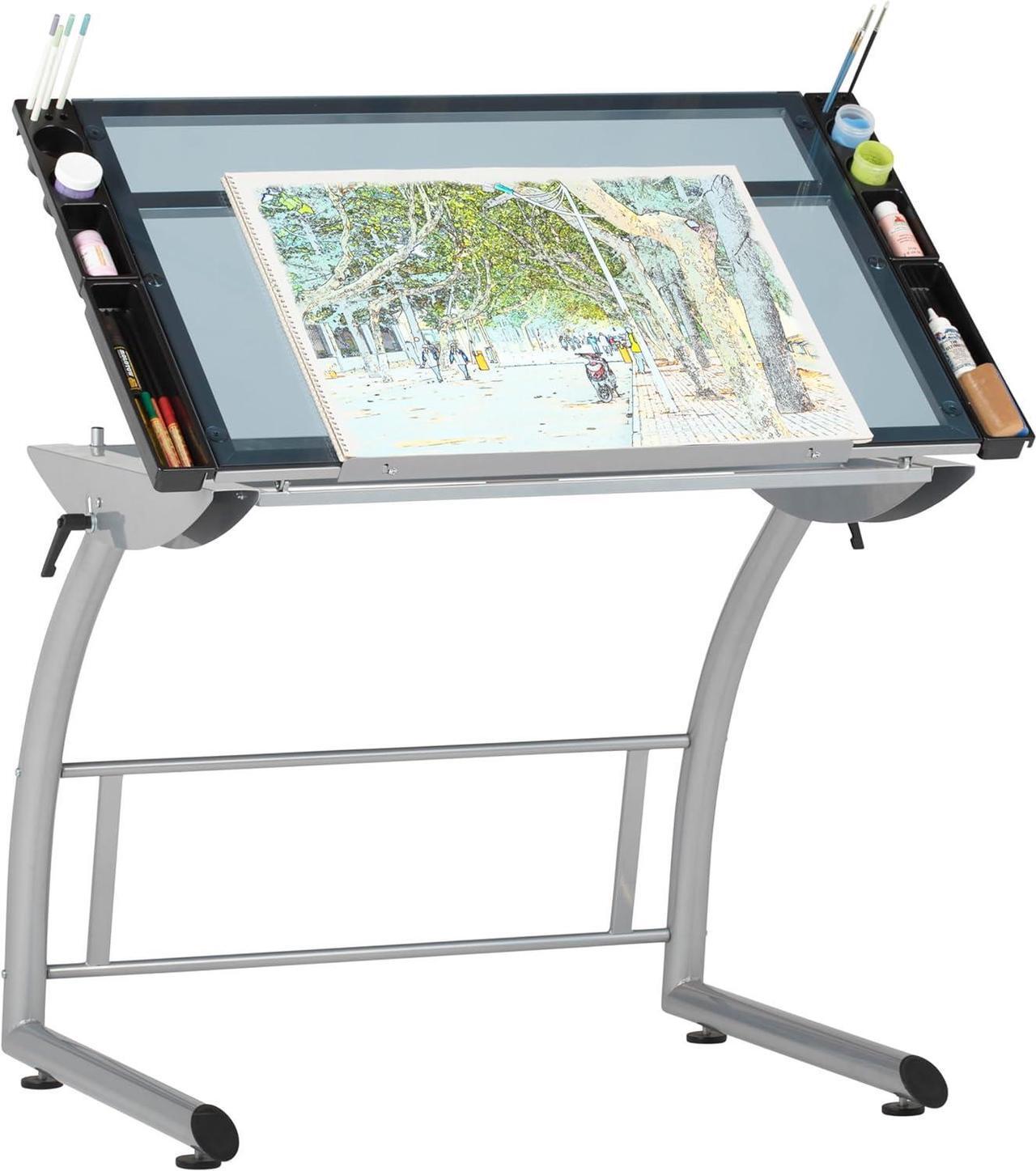 Main image of SD Studio Designs Triflex Drawing Table, Sit to Stand Up Adjustable Office Home Computer Desk, 35.25" W X 23.5" D, Silver/Blue Glass